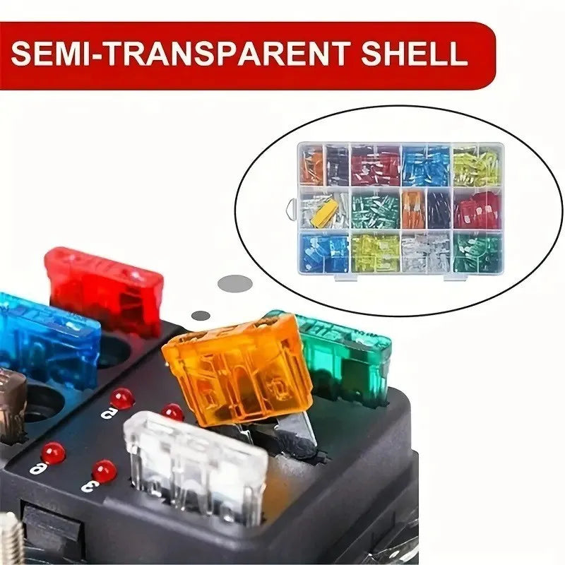Semi-transparent shell infographic showing the automotive blade fuse assortment kit's clear storage case for easy fuse identification.