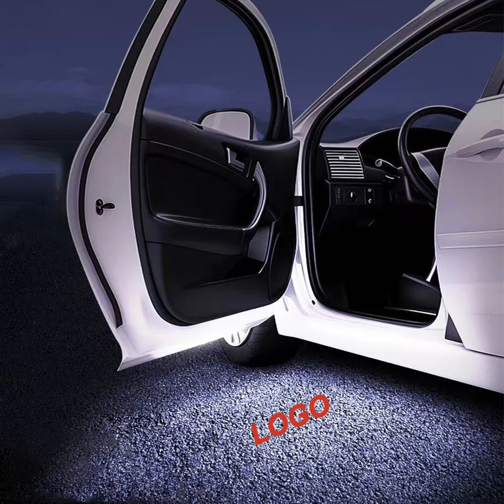 LED Door Welcome Lights cinematic night scene with logo ground projection under open car door