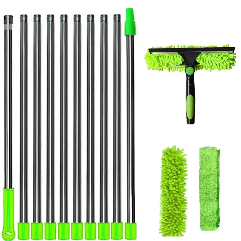 Telescopic window squeegee with extension poles, microfibre chenille head and replacement cloths laid out in green