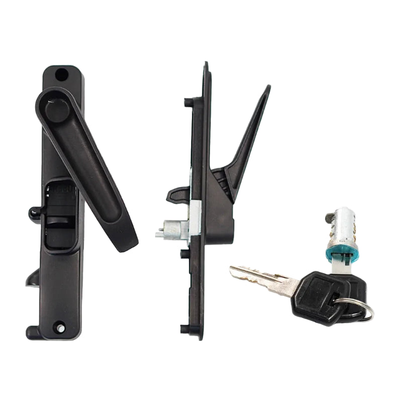 3-Point Caravan Door Lock complete set: exterior handle, lock backplate and barrel with two keys shown together on white.