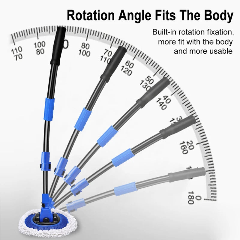 Telescopic Chenille Wash Brush rotation angle diagram showing the built-in swivel head adjustable from 0 to 180 degrees to fit the car body