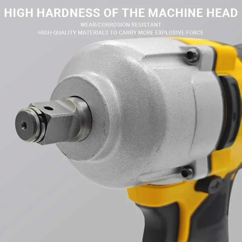 Macro view of the hardened steel machine head on the Cordless Impact Wrench, built for wear and corrosion resistance.