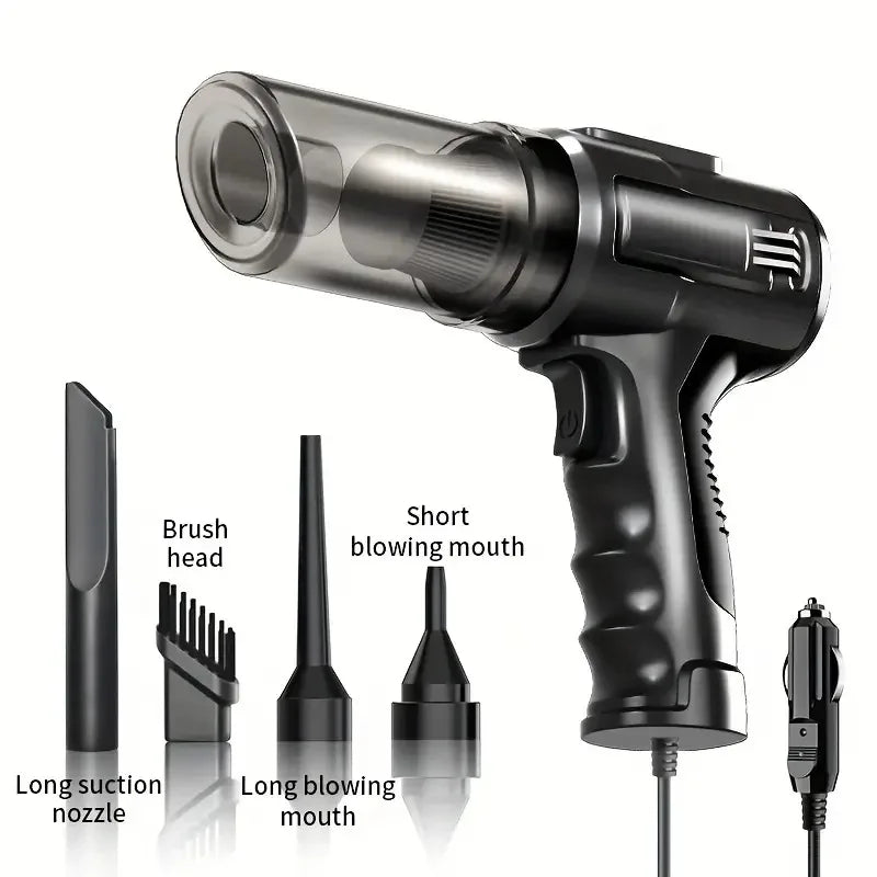 Cordless Car Vacuum & Blower with long suction nozzle, brush head, long and short blowing nozzles and car charging cable