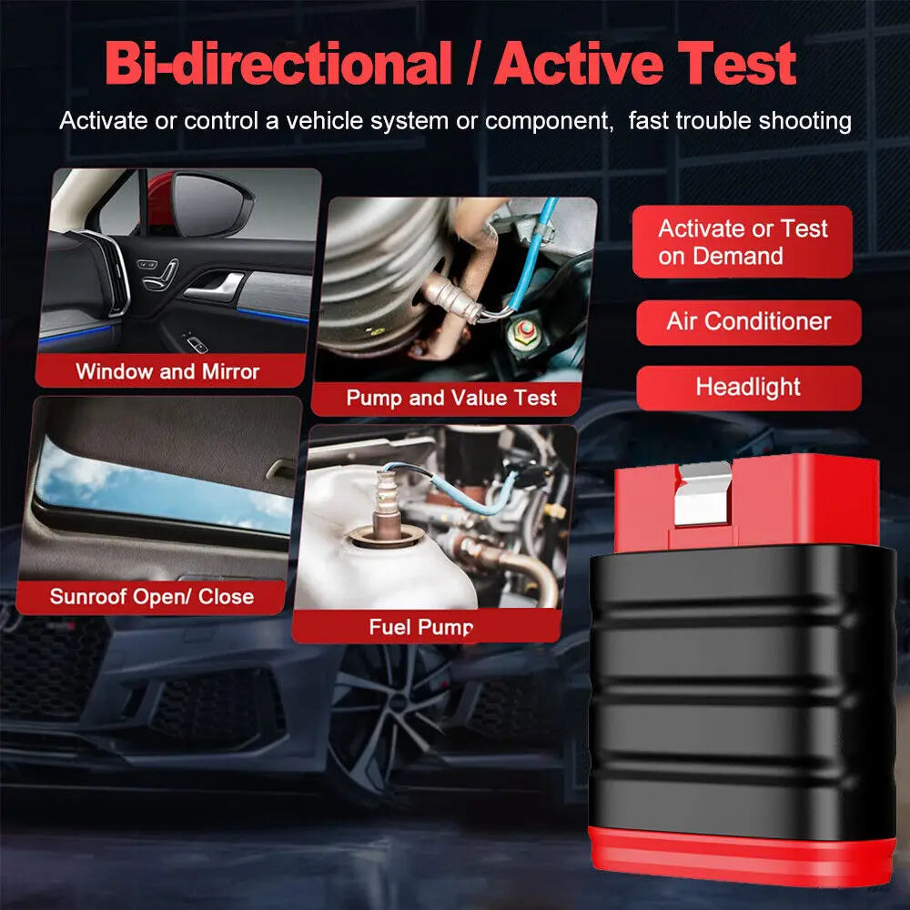 Bluetooth Car Diagnostic Scanner bi-directional active tests for windows, mirrors, sunroof, fuel pump, air conditioner and headlights