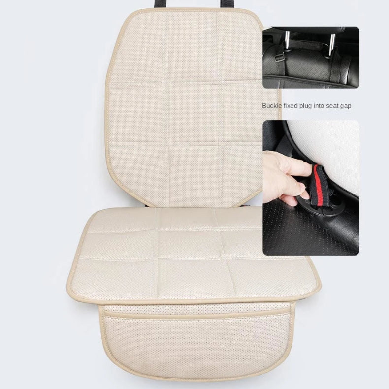 ISOFIX Child Seat Protector in cream leather with inset images showing the headrest strap and seat gap buckle fasteners