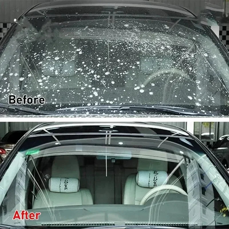 Before and after comparison of a car windscreen showing hard water spots removed after using Windscreen Washer Fluid Tablets glass cleaner