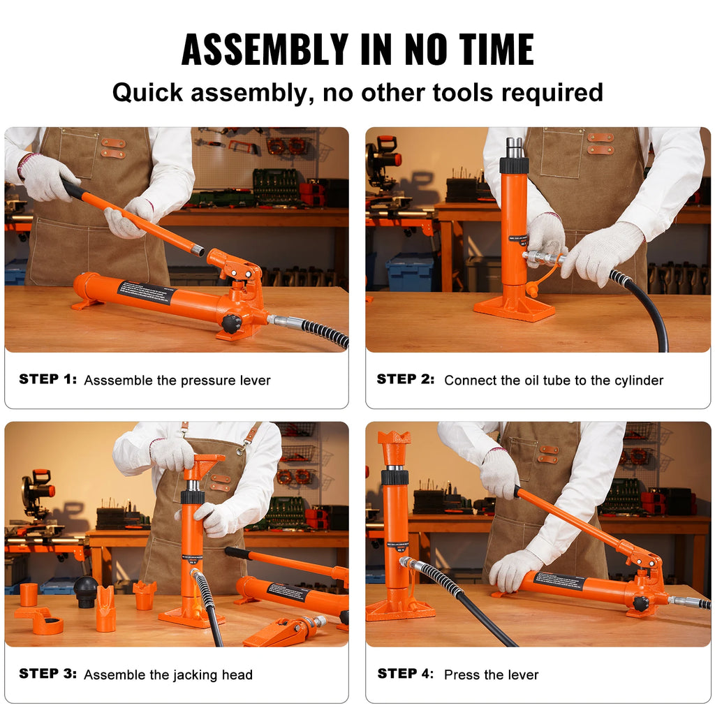 Four-step assembly instructions for the Hydraulic Porta Power Kit showing the pressure lever, oil tube, jacking head and lever operation