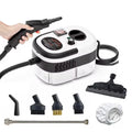 Portable car steam cleaner unit with five interchangeable brush and nozzle attachments on a white background