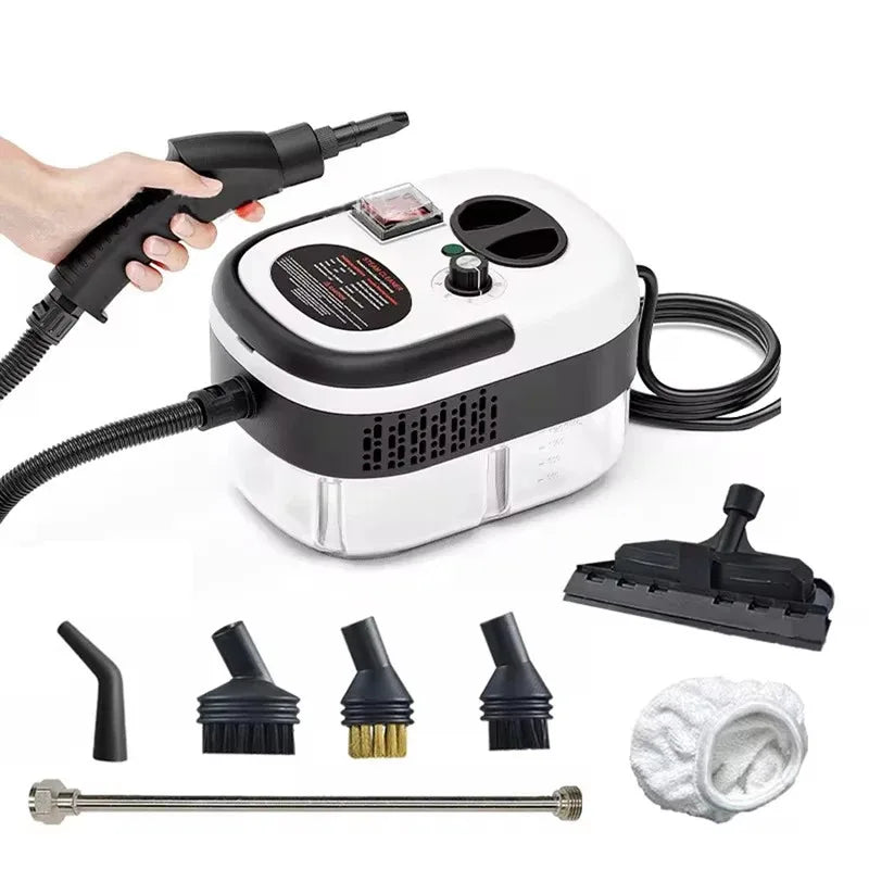 Portable car steam cleaner unit with five interchangeable brush and nozzle attachments on a white background