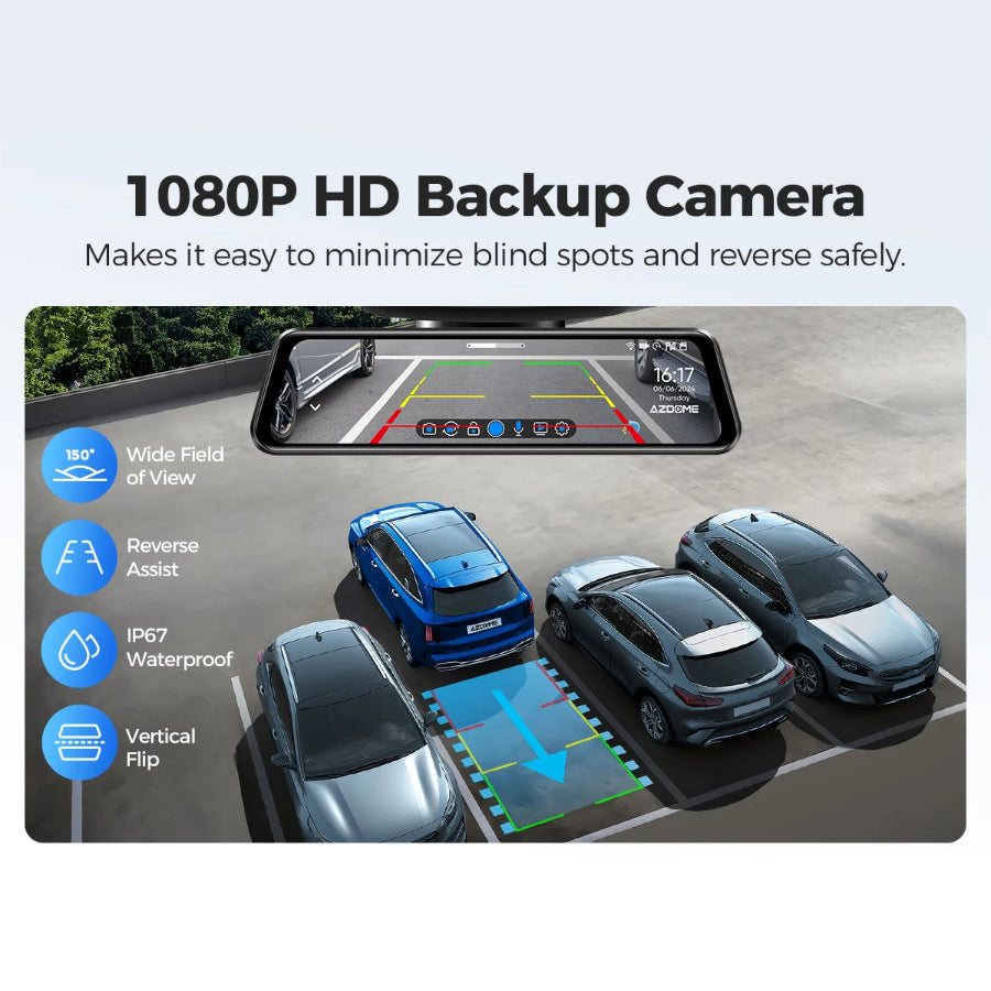 Voice-Control 4K Mirror Dash Cam showing 1080P rear backup camera view with parking guide lines while reversing into a car park space