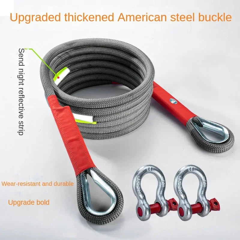 4x4 recovery strap with upgraded thickened American steel shackle buckles and a night reflective strip, wear-resistant and durable