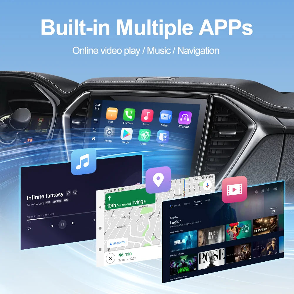 Built-in apps for online video, music and navigation shown on a car dashboard screen