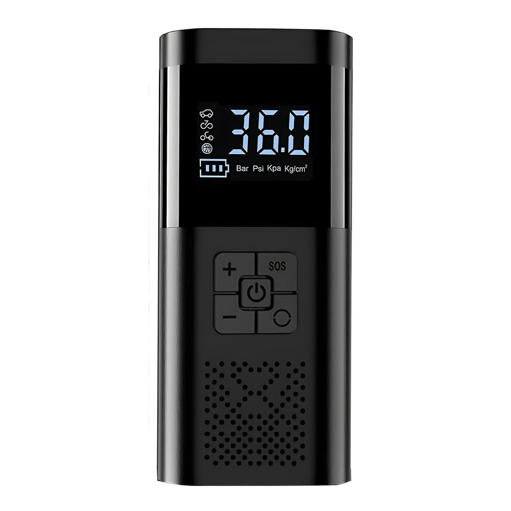 Cordless Digital Tyre Inflator on a white background showing the backlit LCD display reading 36.0 PSI