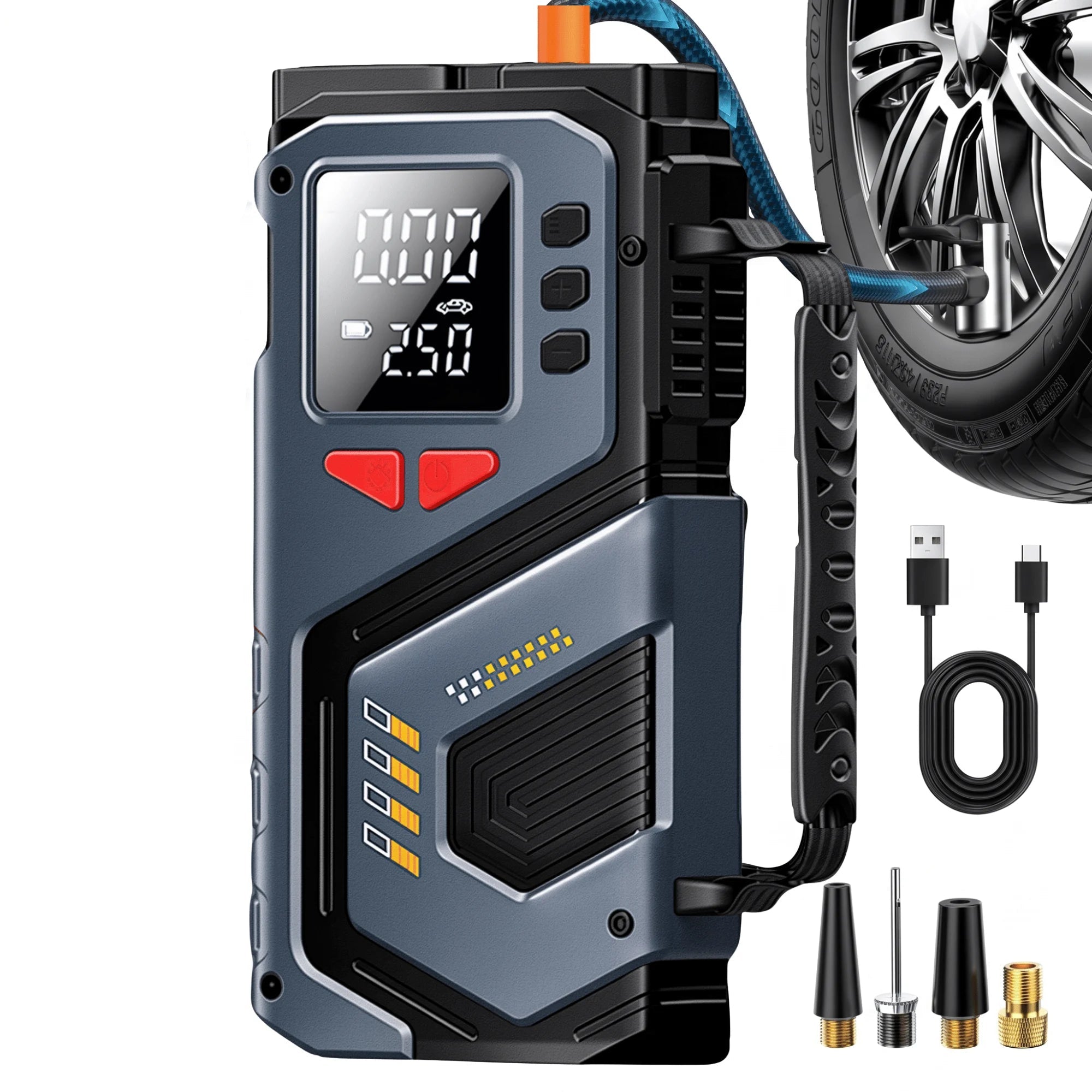 Cordless Tyre Inflator with digital display connected to a car wheel beside included USB charging cables and air nozzle adapters on a white background.