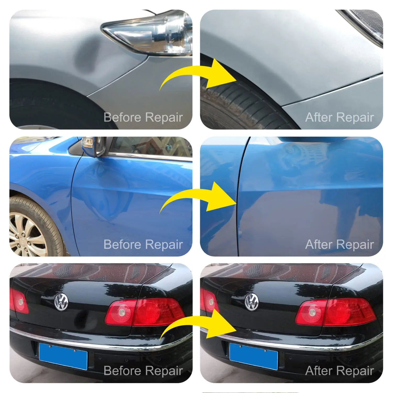 Three before and after photos showing car body dents fully repaired using the PDR Dent Repair Kit with no visible damage remaining