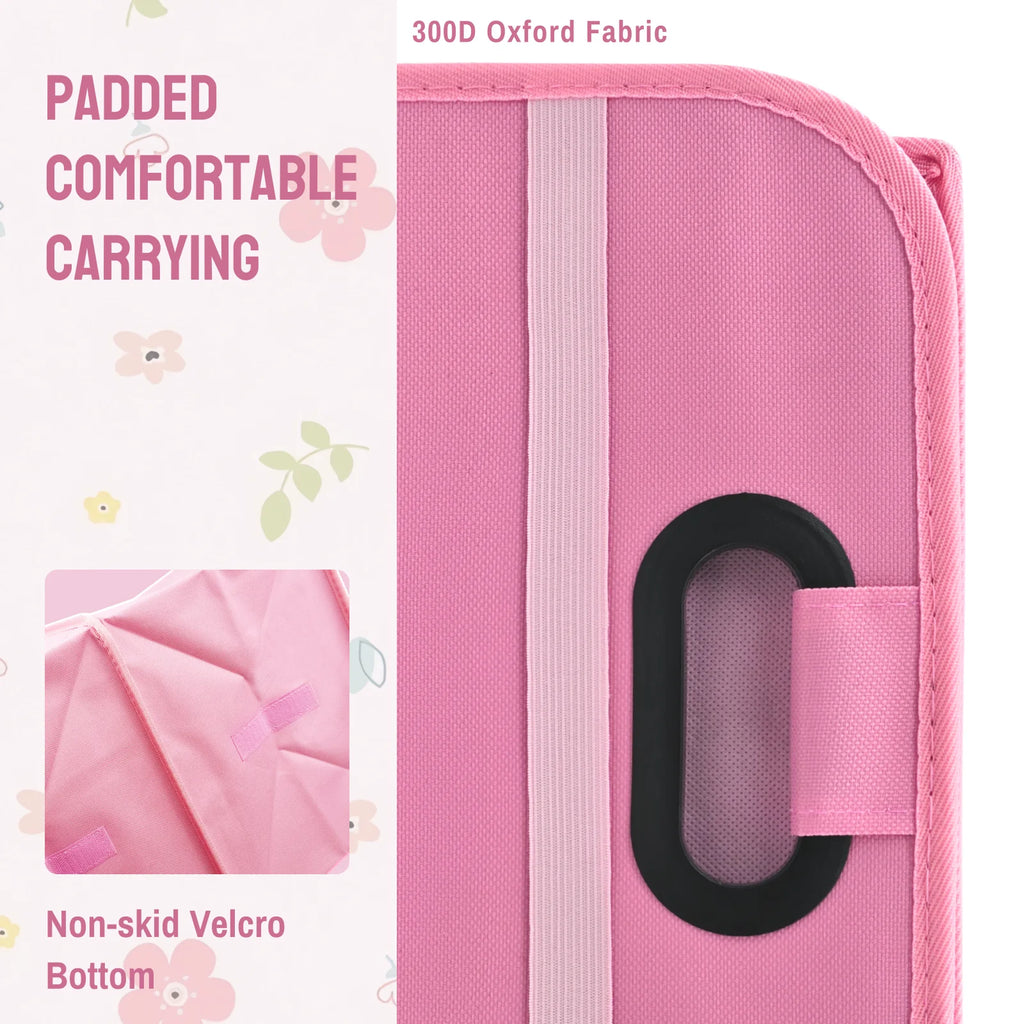 Pink foldable storage shown for padded comfortable carrying with a non-skid velcro bottom