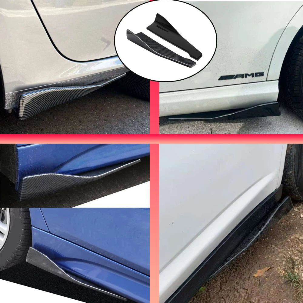 Collage of side skirt splitters fitted to the rocker panels of several cars, including a white car with an AMG badge and two blue cars, showing the low profile fitted look