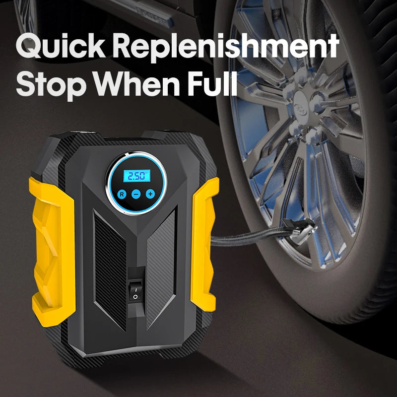 12V Auto-Stop Tyre Inflator connected to a car tyre valve with the digital display showing tyre pressure