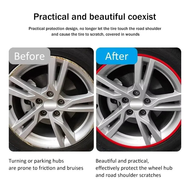 Before and after comparison of a scratched alloy wheel edge and the same wheel protected by a red rim protector strip