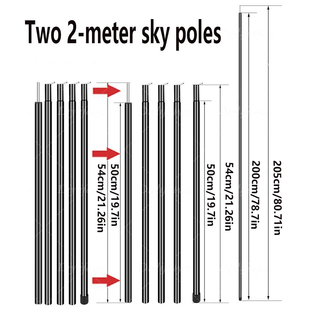 Two collapsible 2-metre support poles for the Expedition Side Sunshade with segment length measurements