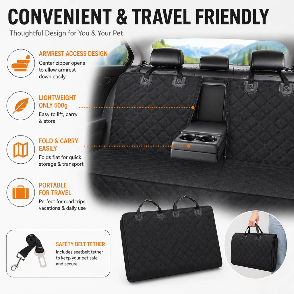 Quilted rear seat protector with centre armrest zipper opening and folded into a portable carry bag