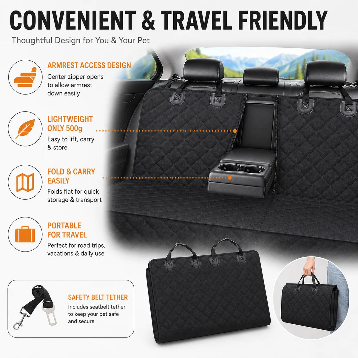 Quilted rear seat protector with centre armrest zipper opening and folded into a portable carry bag