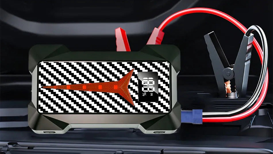 A 12V 10.0L gas/diesel car starter battery with red and black jumper cables, shown with instructional diagrams and text overlays on a dark background.