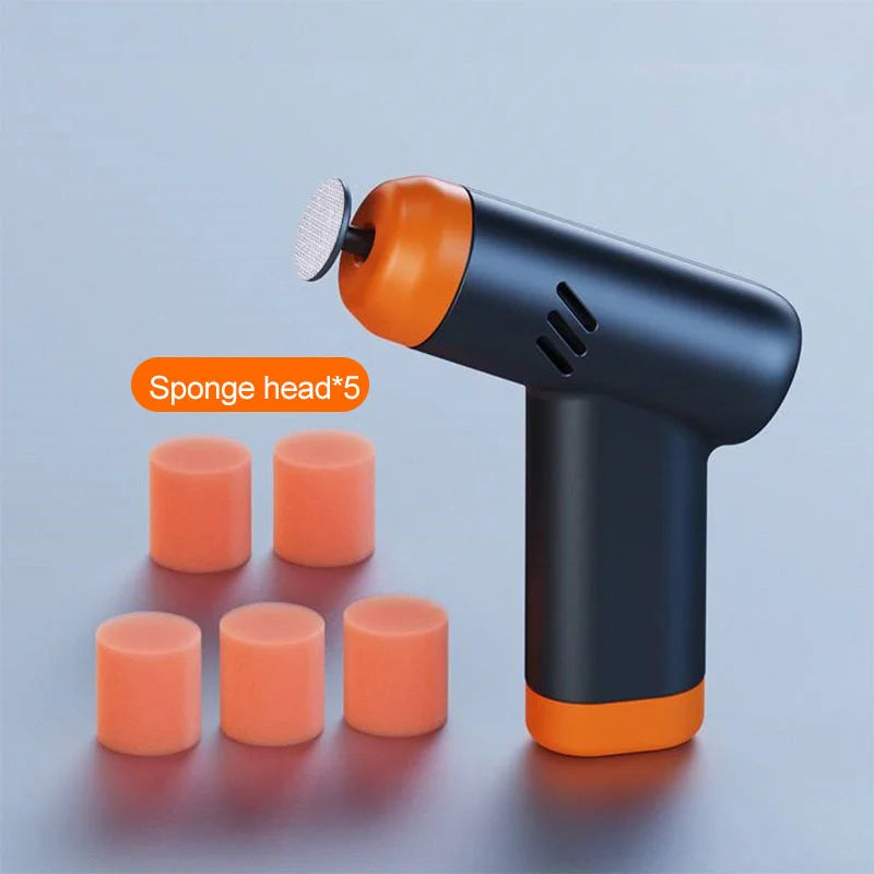 Cordless Mini Polisher with five included orange sponge polishing head attachments displayed beside the tool