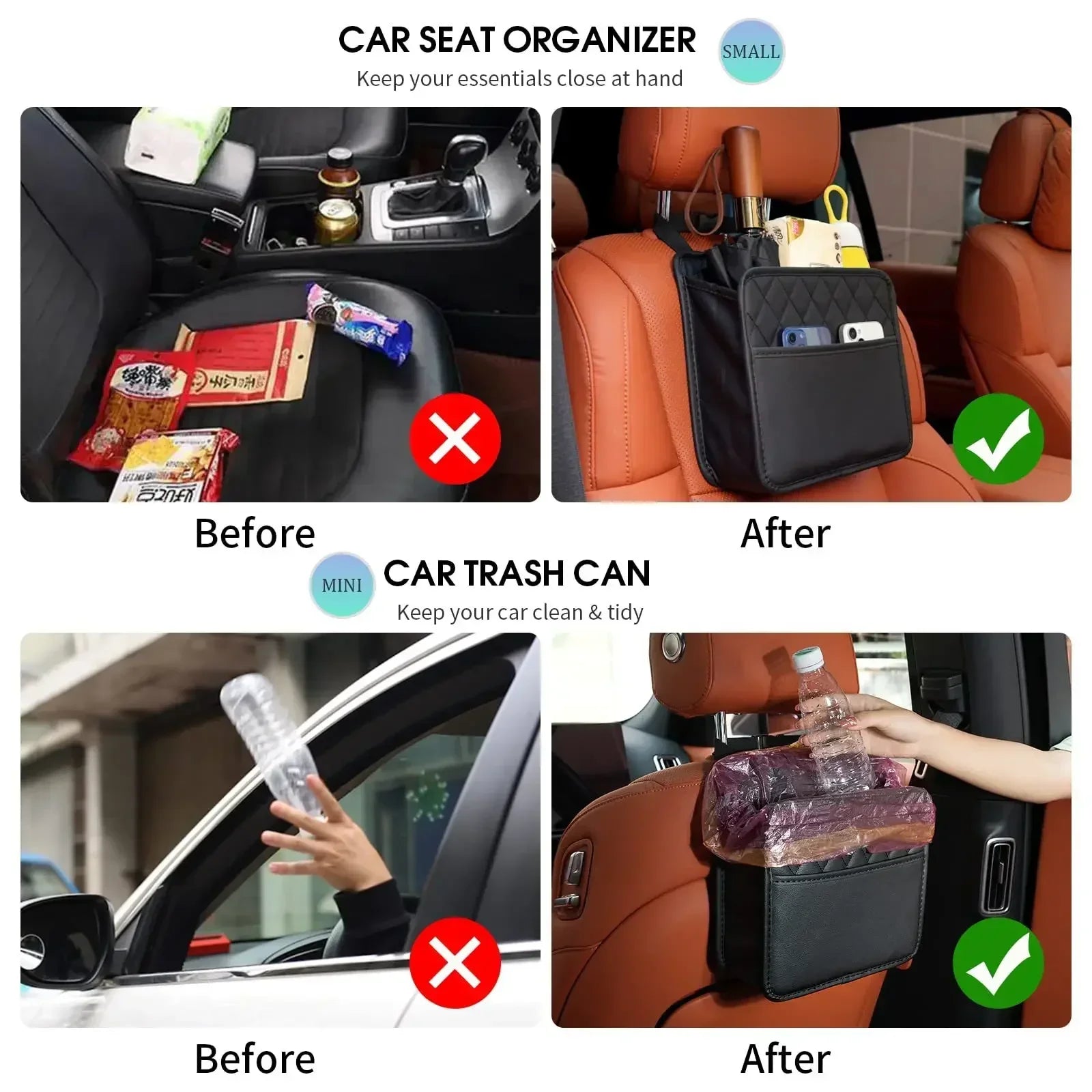 Before and after comparison of car seat back organiser used as seat organiser and car trash can