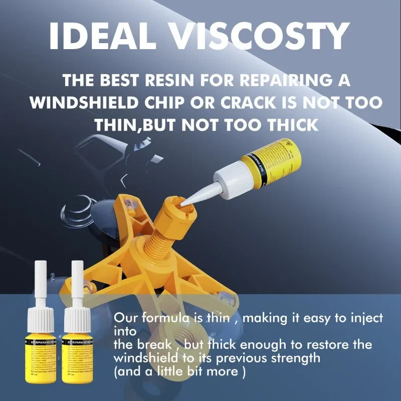 Ideal viscosity infographic explaining the Windscreen Repair Kit resin formula for chip and crack repair
