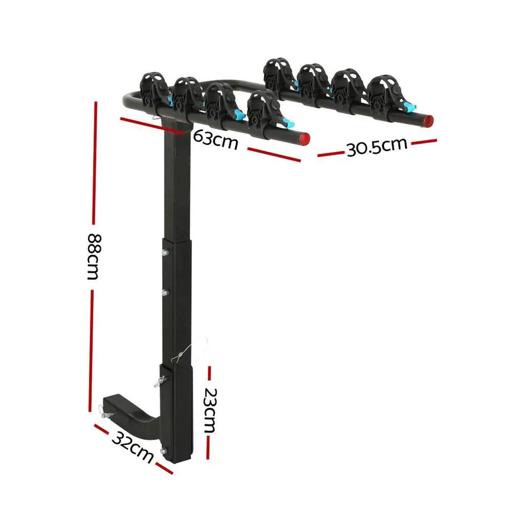 Foldable 4-Bike Hitch Rack dimension diagram showing 88 cm height, 63 cm and 30.5 cm arm lengths and 32 cm by 23 cm hitch stem