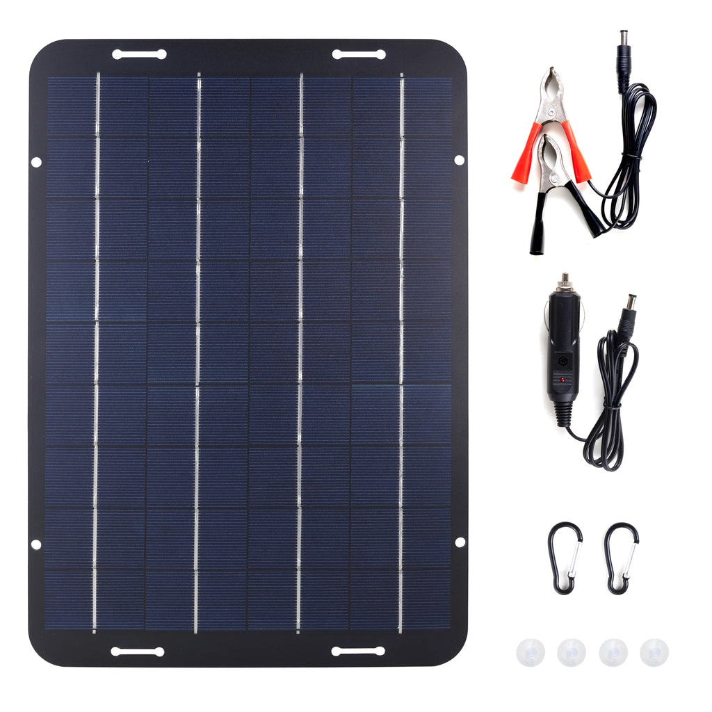 Solar battery maintainer panel with alligator clip cable, cigarette lighter plug cable, carabiners and suction cups