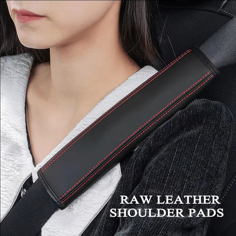 Woman Wearing Raw Leather Car Seat Belt Shoulder Pad for Comfort