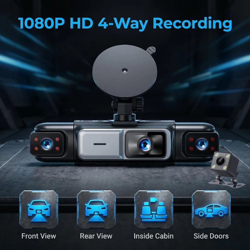 WiFi Smart Dash Cam 1080P four-way recording diagram covering front view, rear view, inside cabin and side doors