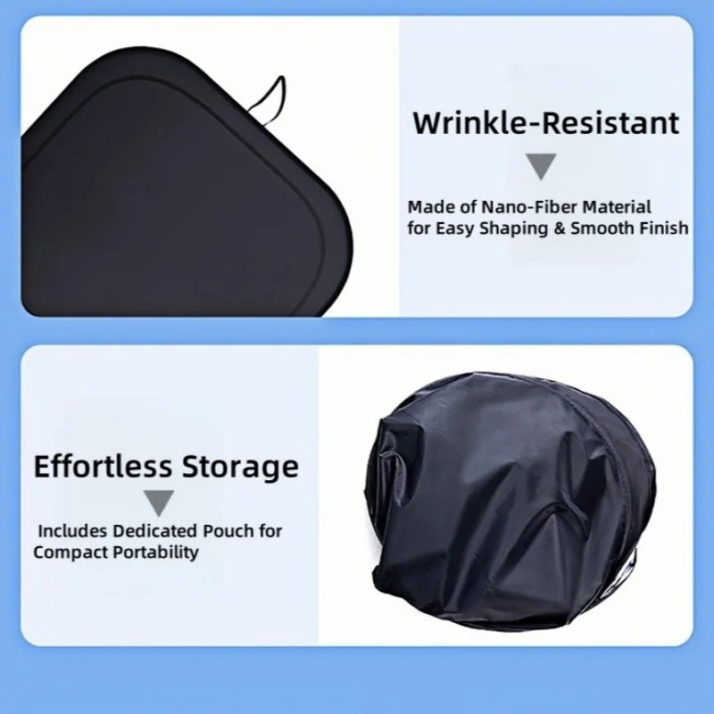 UV-Block Windscreen Sun Shade wrinkle-resistant nano-fibre material close-up and the shade folded into its compact storage pouch