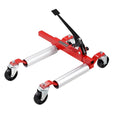 Red steel Ratchet Wheel Dolly with foot pump pedal, aluminium rollers and four swivel casters on a white background
