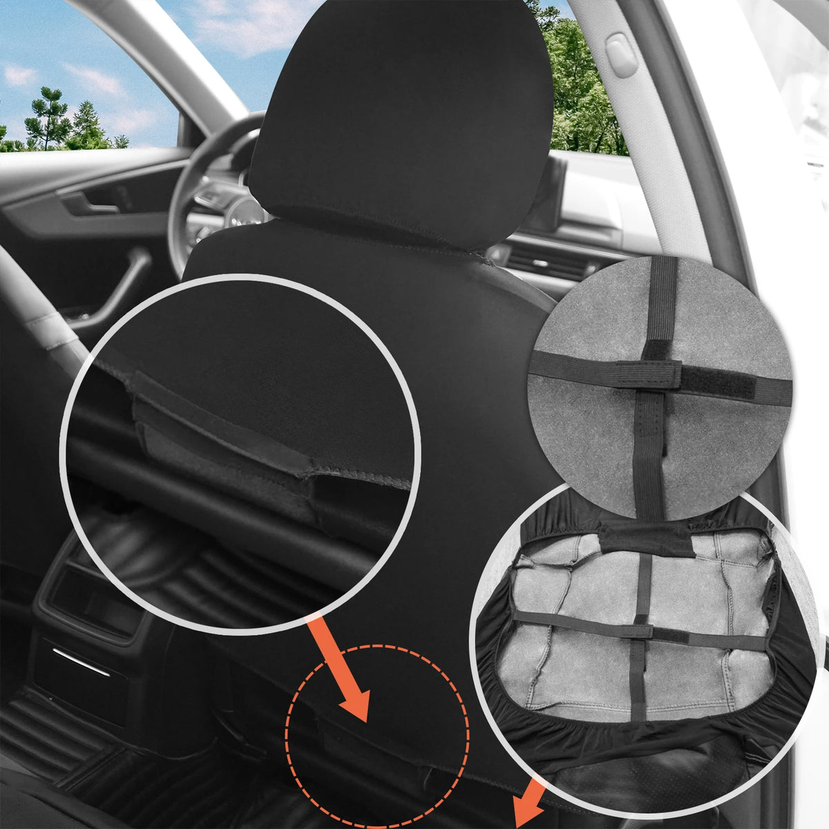 Faux Leather Seat Cover Set installation with elastic straps and hooks securing the cover under a front car seat