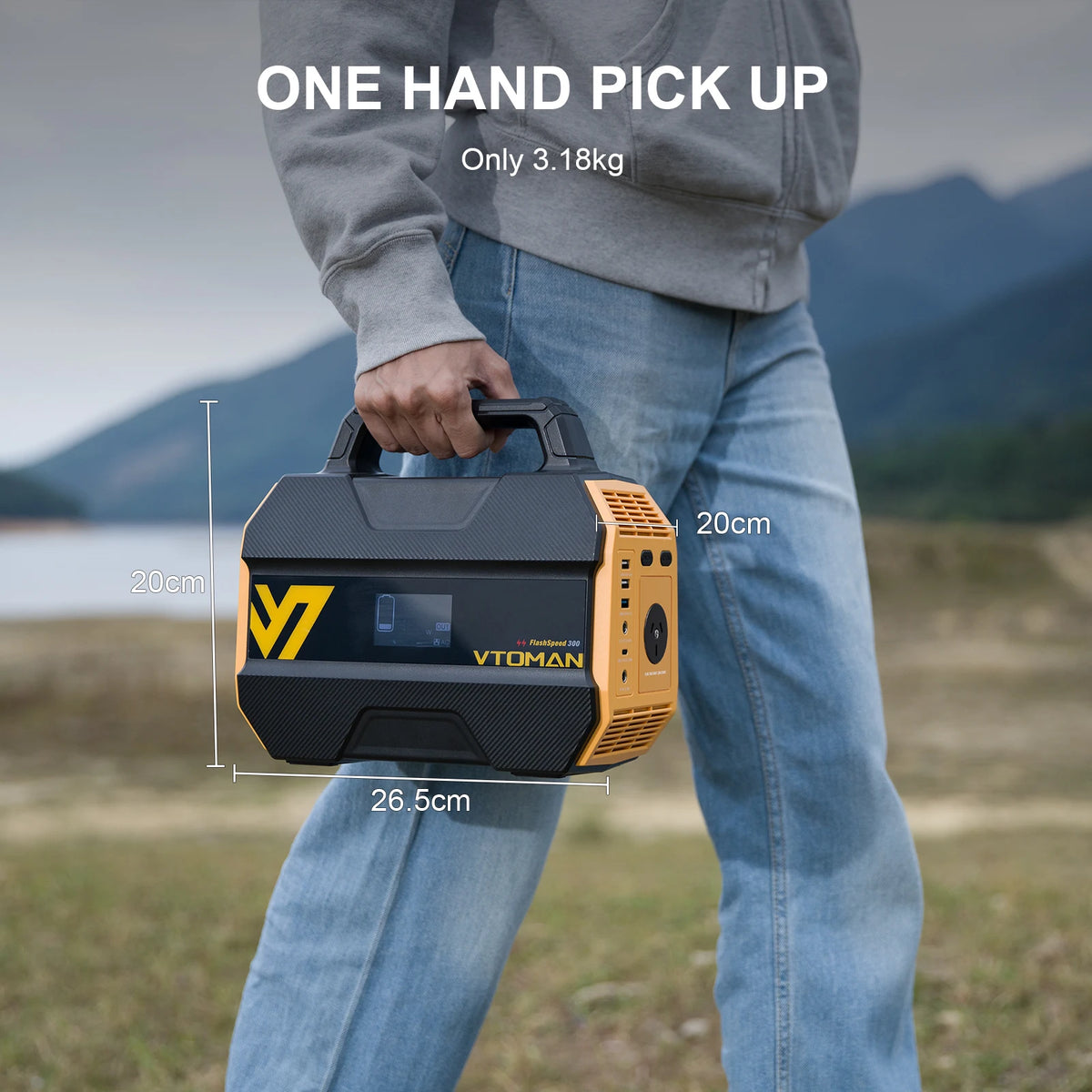 Person carrying the Compact 230Wh Power Station by its handle in one hand, showing 3.18kg weight and 26.5 x 20 x 20cm dimensions
