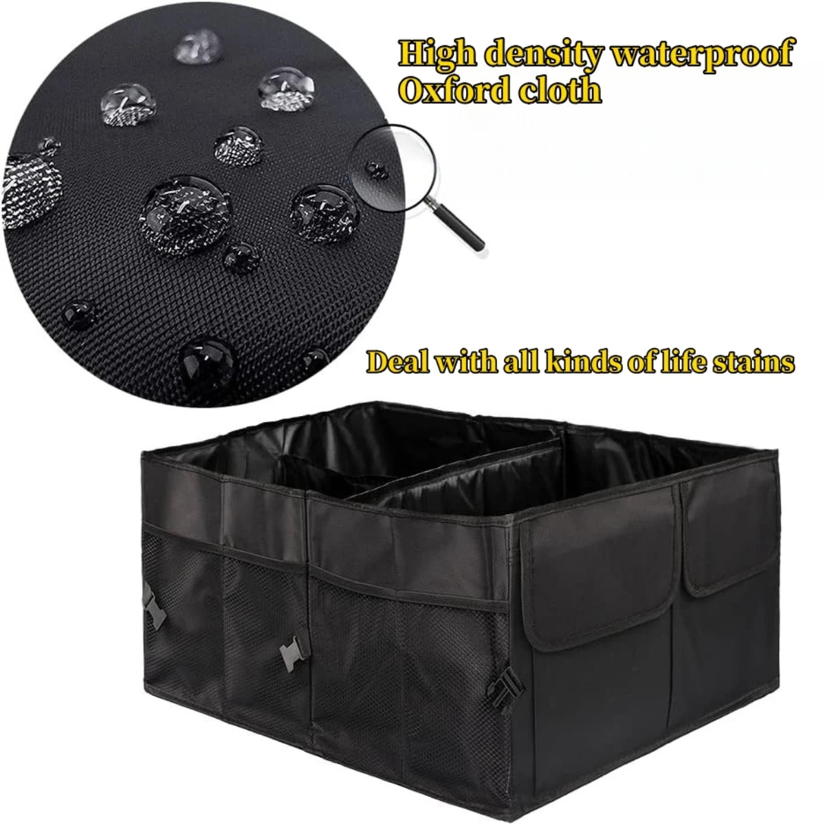 Close-up of waterproof Oxford fabric on the car boot organiser demonstrating water droplet resistance