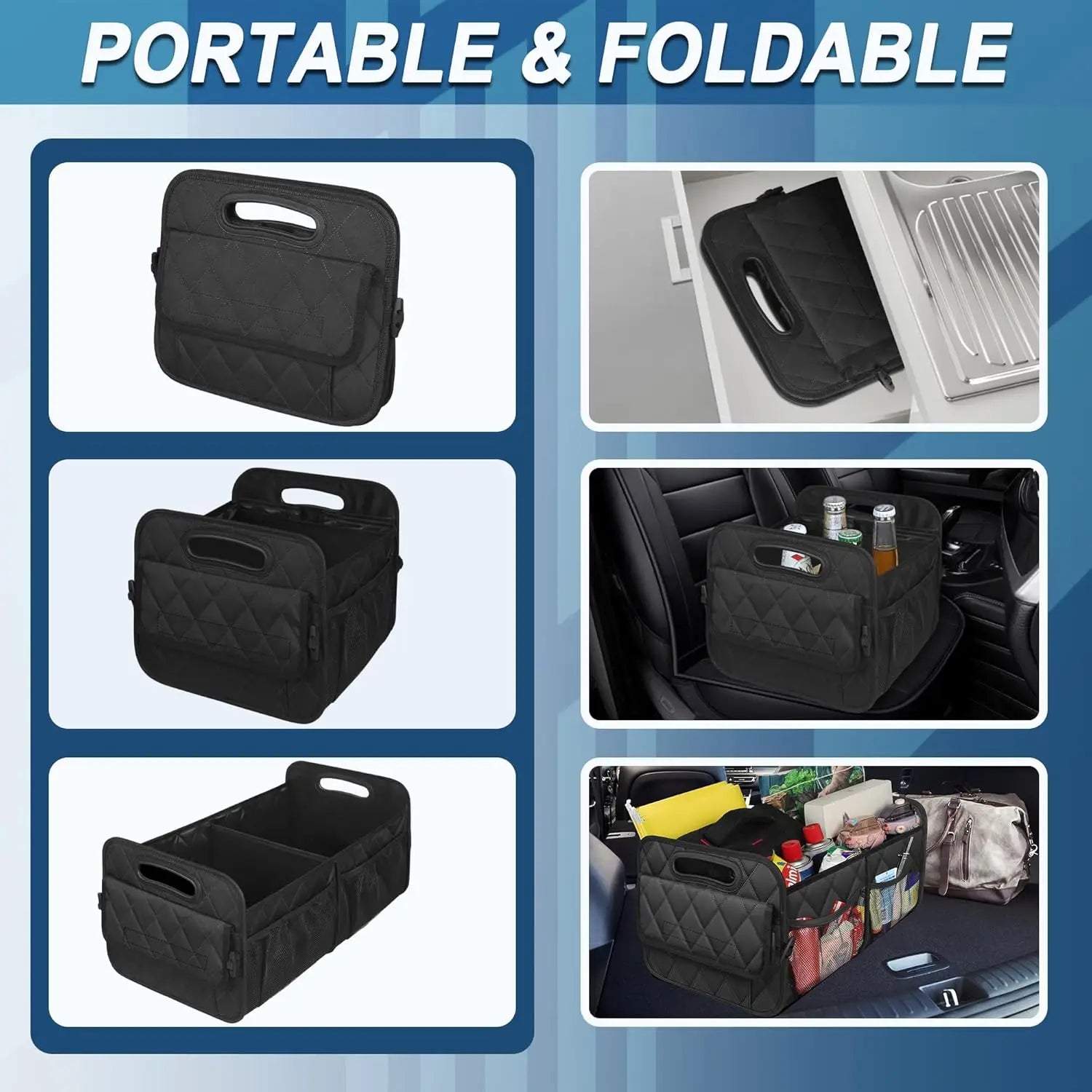 Portable and foldable Waterproof Car Boot Organiser shown collapsed, stored in a drawer, fitted to a car seat and loaded in a car boot
