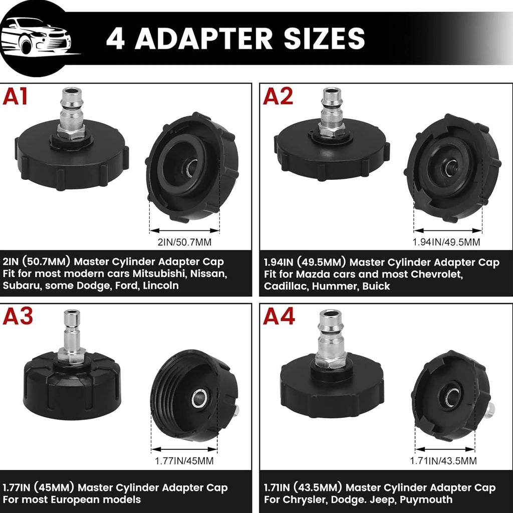 Diagram of the Vacuum Brake Bleeder's four master cylinder adapter cap sizes for different vehicle makes