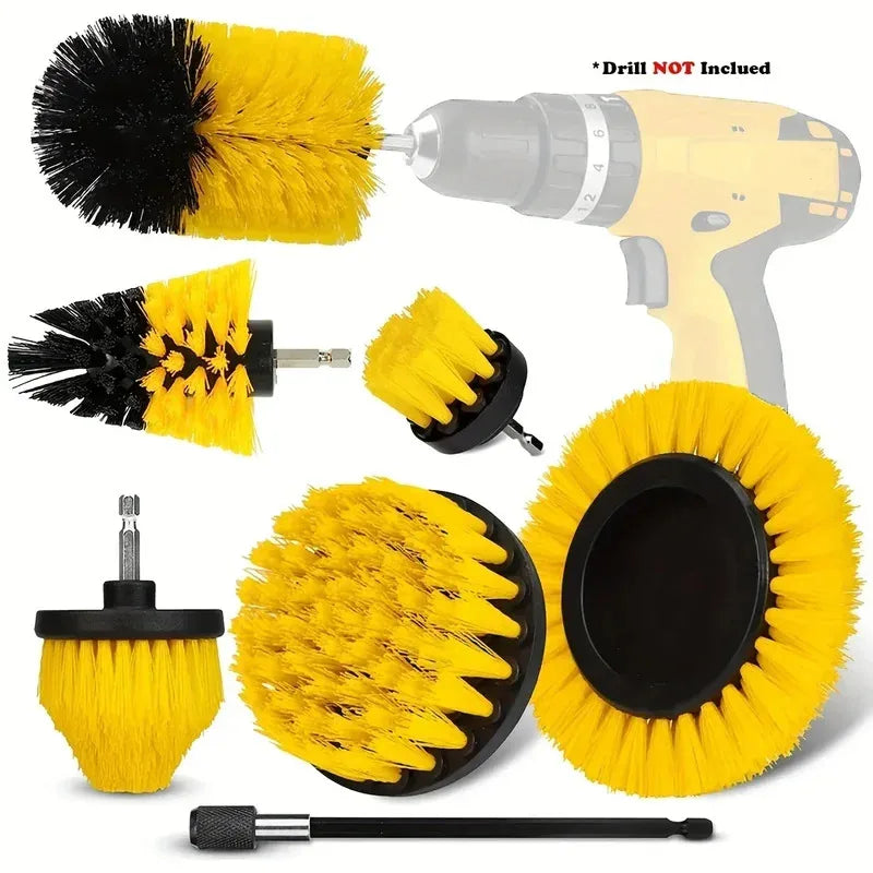 Cordless drill brush cleaning set with yellow bristle brush heads, drill not included, laid out on a white background