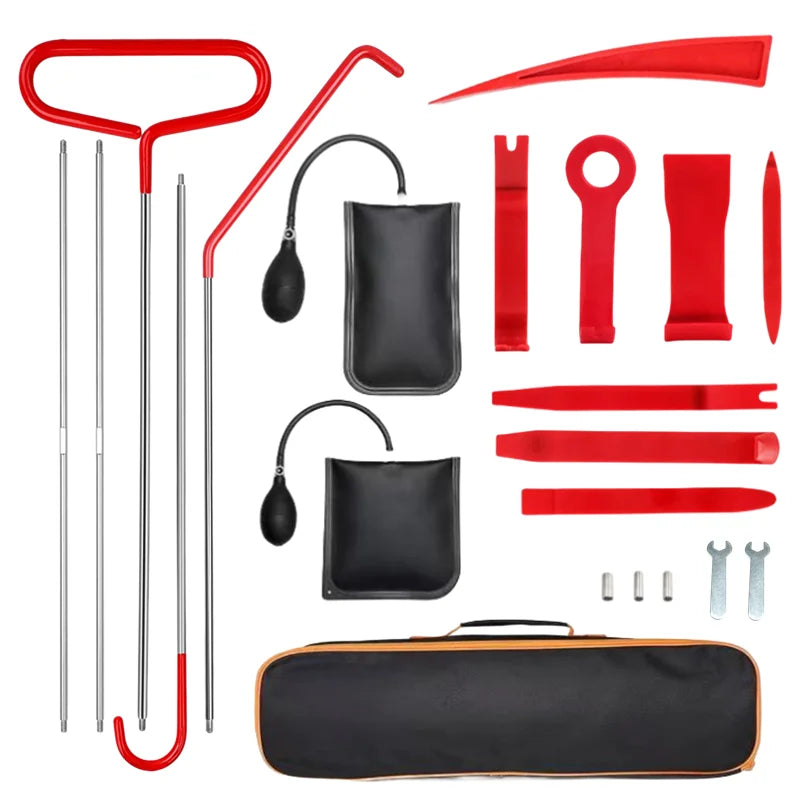 Car Door Trim Removal Kit complete set with pry bars, pump wedge bags, trim tools and carry case on a white background