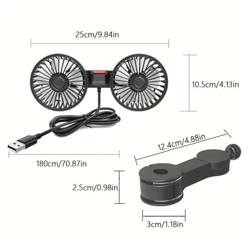 Dual-Head Headrest Cooling Fan dimension chart showing 25cm width, 10.5cm height, 180cm USB cable length and headrest mounting bracket size