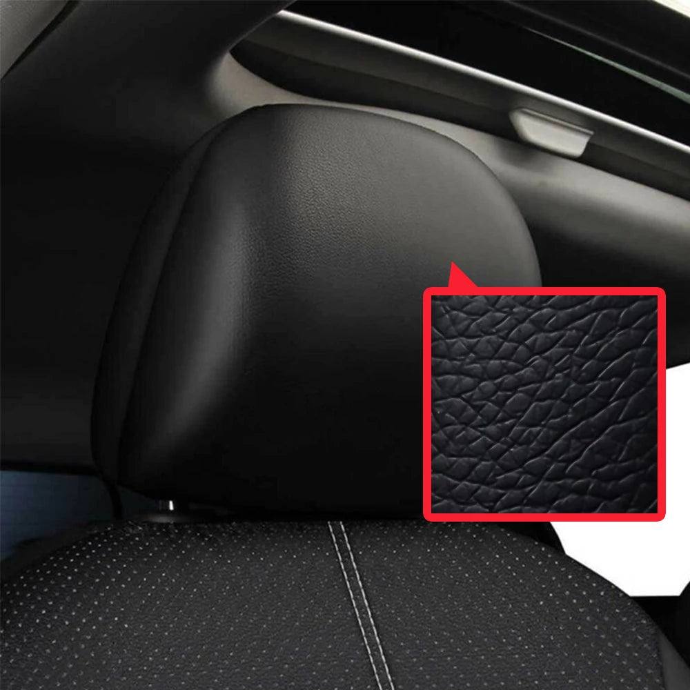 Close-up of car headrest with red callout box highlighting leather texture detail on Universal Seat Cover Set
