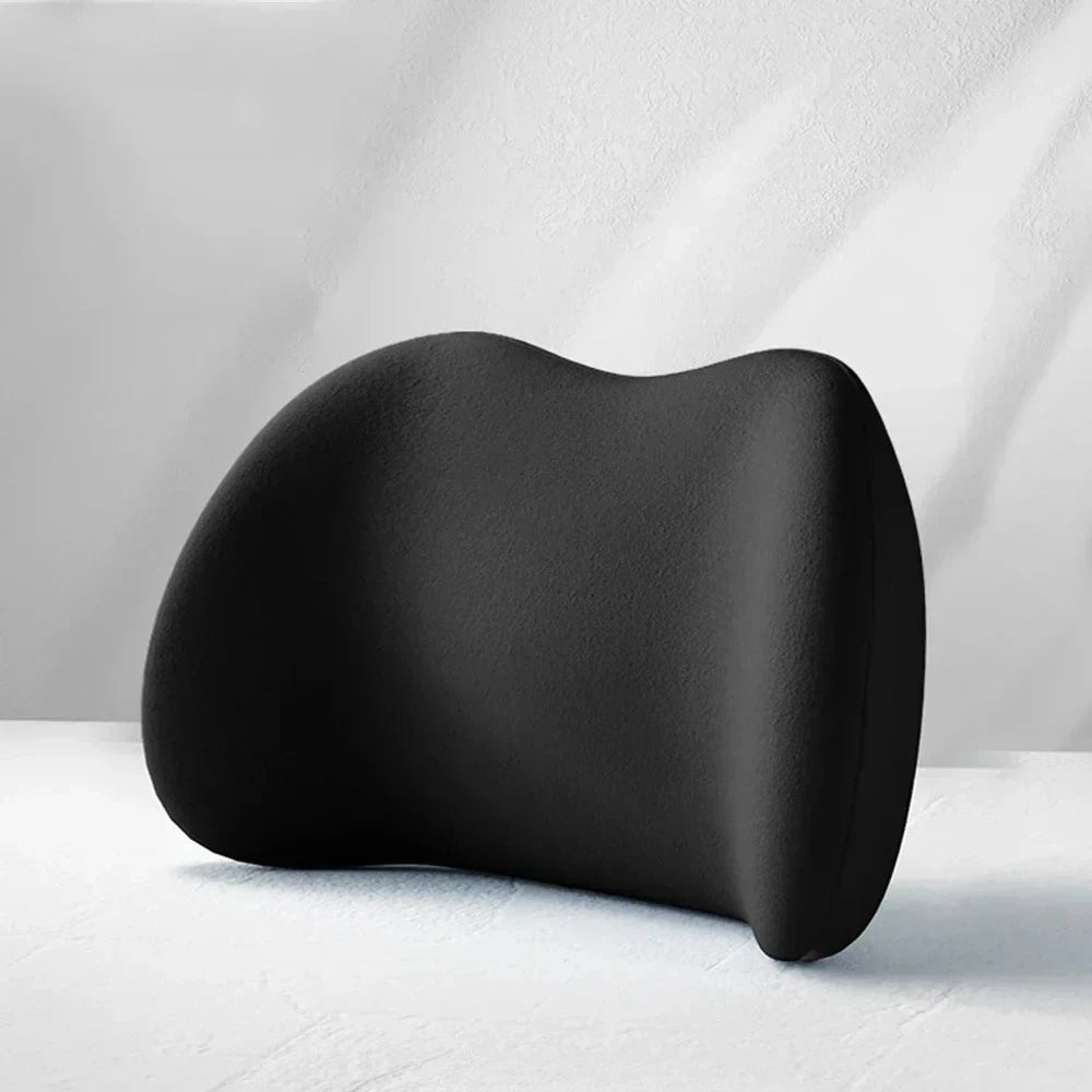 Close-up studio shot of the Memory Foam Lumbar Support Cushion showing its curved ergonomic backrest design