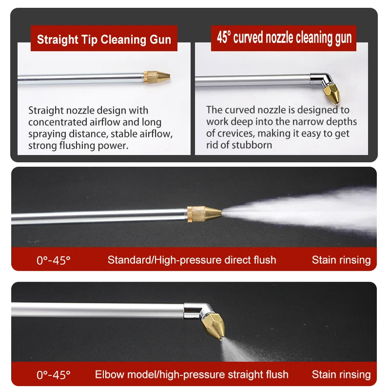 Straight tip and 45 degree curved nozzle options on the pneumatic detailing air gun spraying high pressure air