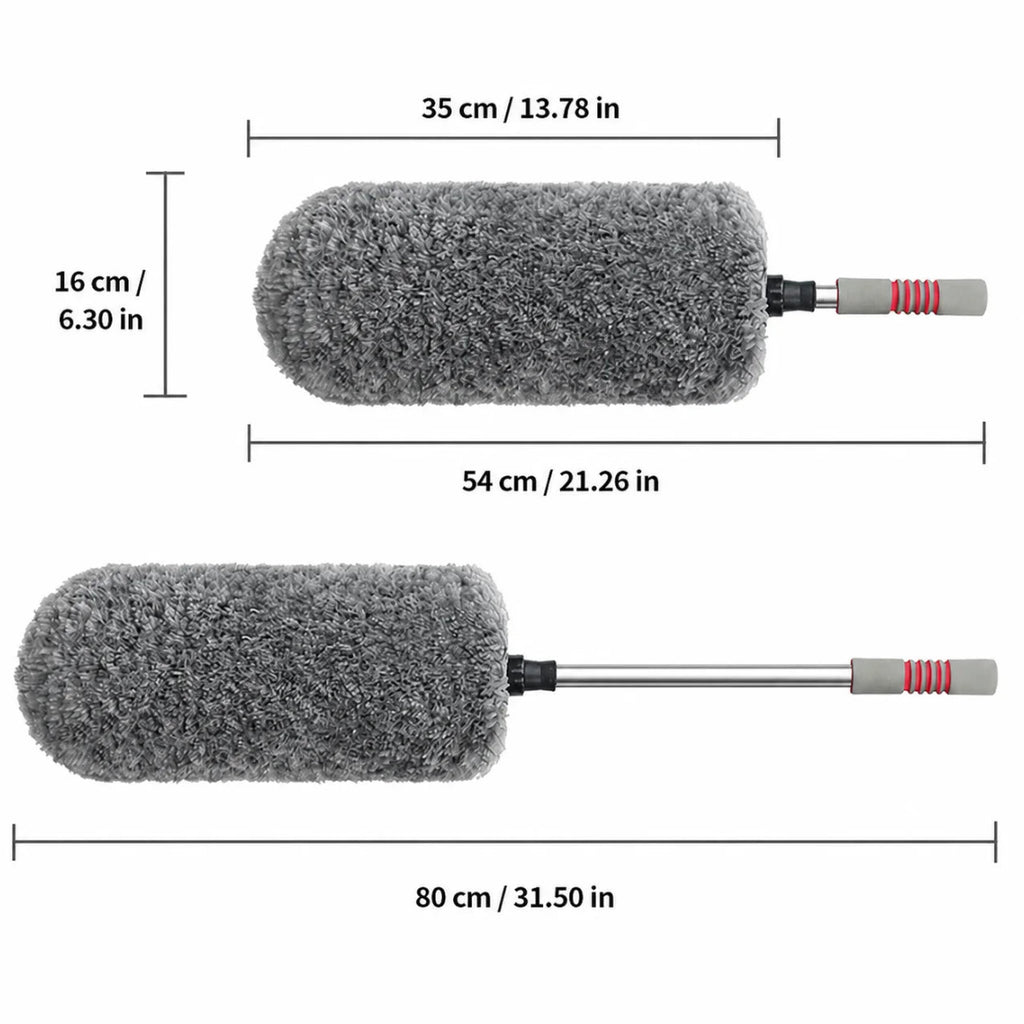 Telescopic Microfibre Car Duster dimensions: 35 x 16 cm head, 54 cm retracted and 80 cm extended