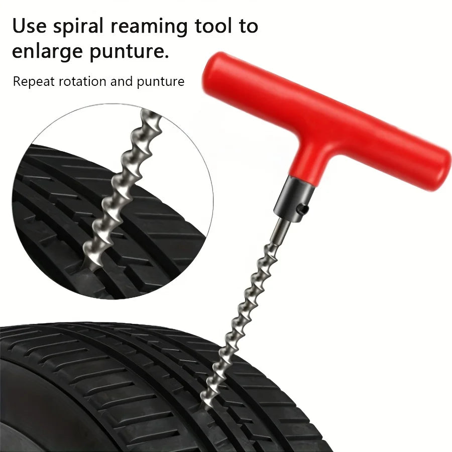 T-handle spiral reaming tool inserted into tyre tread to prepare a puncture for repair