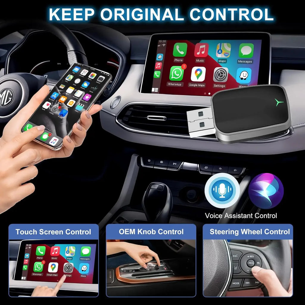 Phone connected wirelessly via Slimline Wireless CarPlay Adapter, keeping touchscreen, knob, steering wheel and voice control